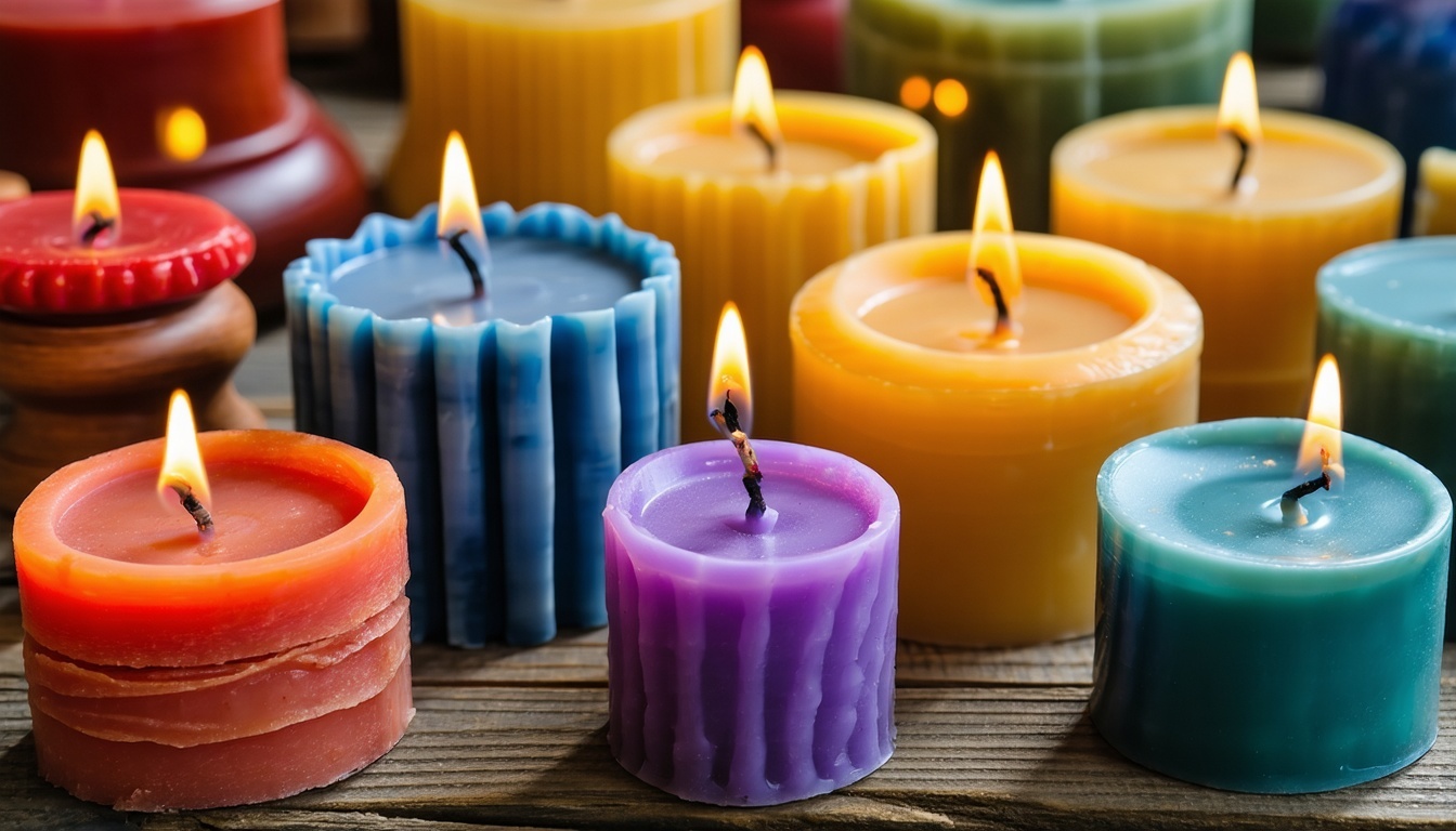 A variety of colorful handmade candles in different shapes and sizes