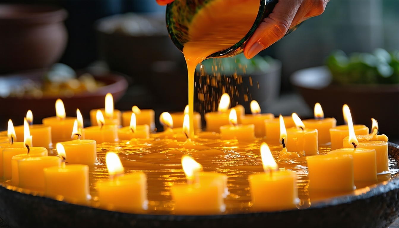 Hand-pouring process of a candle with attention to detail